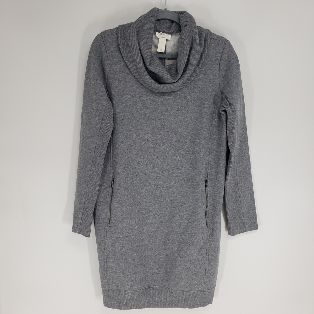 LOFT Cowl Neck Sweatshirt Dress Size M Gray Fleece Lined Mini Casual Pockets